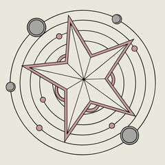 Poster - A minimalist cosmic star design featuring a central element potentially a dog illustration rendered in CMYK colors with fonts Helvetica and Courier suitable for various