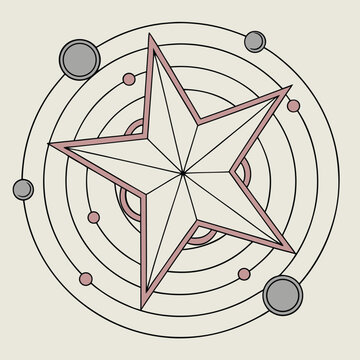 A minimalist cosmic star design featuring a central element potentially a dog illustration rendered in CMYK colors with fonts Helvetica and Courier suitable for various