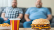 © A2Z AI  - Overweight men with fast food. Two men sit on a couch with a burger, fries, and a drink. Unhealthy food, obesity. Lifestyle, unhealthy diet