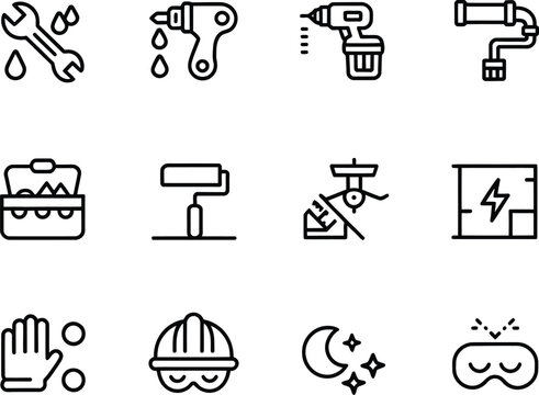 Set of hand drawn icons representing home renovation and diy projects