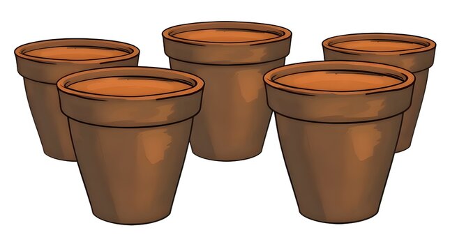A set of terracotta clay plant pots, hand-drawn vector style, isolated on a transparent background, rendered in intense jet black with a cast bronze surface, antique patina finish, and deep shadows
