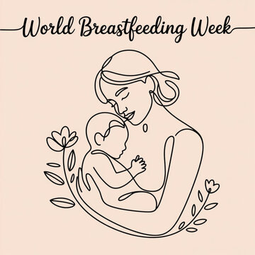 World Breastfeeding Week banner. Young woman and newborn baby. Mother holding child. continuous single one  Line art beige concept, vector illustration on white background.