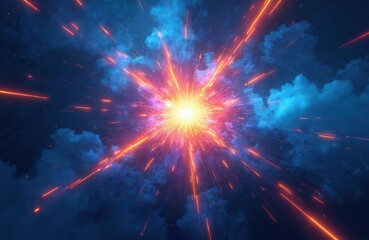 Poster - Vibrant neon blue explosion with bright orange streaks radiates from center against dark sky with glowing clouds. Abstract energy blast features bright light, sparks, motion, suitable for sci-fi