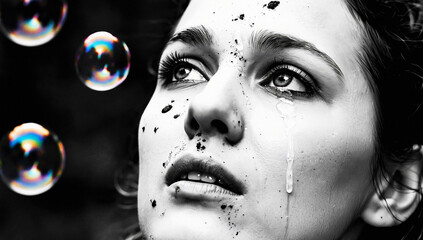 Poster - Monochrome Portrait of a Woman with Dirt and Tears, Soap Bubbles in Background