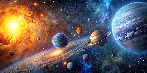 Wall Mural - cosmic elements are showcased across a vast universe, highlighting colorful planets, a glowing star,