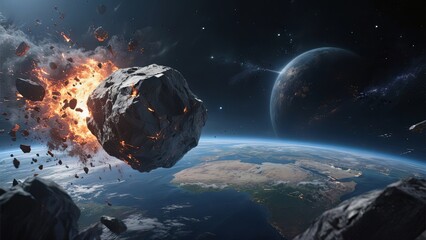 Wall Mural - bright explosions illuminate the dark expanse of space as asteroids collide near earth, showcasing a