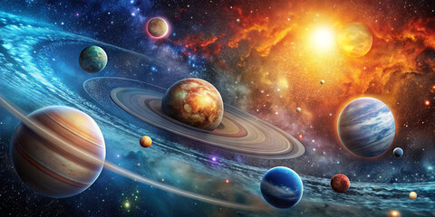 Wall Mural - this artwork illustrates a detailed representation of the solar system, featuring several planets, r