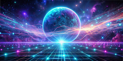 Poster - A mesmerizing cosmic landscape showcases a brightly colored planet at the center, illuminated by brilliant light trails and energy waves. A grid-like ground enhances the ethereal atmosphere