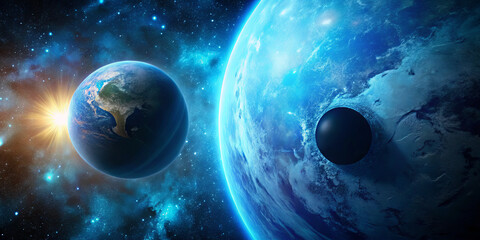 Wall Mural - a breathtaking view of earth alongside a dark planet, with a brilliant star shining in the vastness 