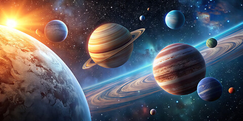 Wall Mural - this captivating depiction showcases the solar system, featuring various planets, their vibrant colo