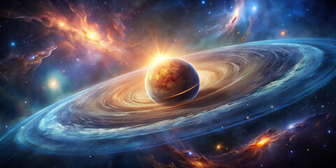 Wall Mural - a vibrant celestial display shows a planet encircled by intricate rings and surrounded by swirling g
