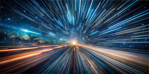 Poster - A dynamic portrayal of vibrant light streaks converging towards a bright center, evoking a sense of speed and cosmic depth. The colors blend harmoniously, creating an otherworldly atmosphere