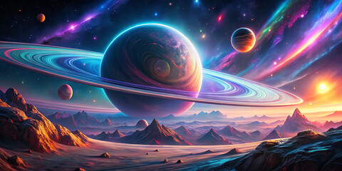 Wall Mural - an otherworldly landscape showcases a prominent planet with brilliant rings under a stunning sky fil