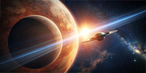 Wall Mural - saturn orbits with its rings shining brightly as mars looms nearby, bathed in sunlight, creating a b