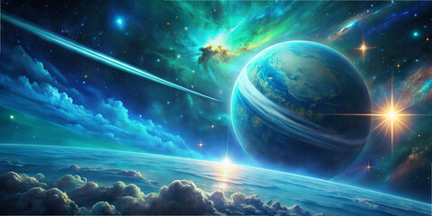 Wall Mural - a stunning cosmic landscape showcases an earth-like planet surrounded by colorful clouds and shimmer