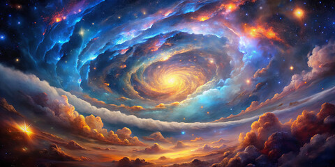 Wall Mural - a breathtaking galaxy features swirling patterns of blue, orange, and yellow with bright stars scatt