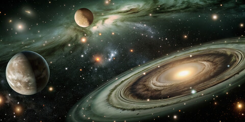 Wall Mural - celestial bodies including two planets orbiting a vibrant galaxy showcase the beauty of the universe