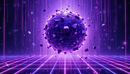 Poster - A vibrant cosmic scene showcases a glowing sphere surrounded by floating geometric shards. Striking purple hues dominate, creating an ethereal and immersive digital atmosphere