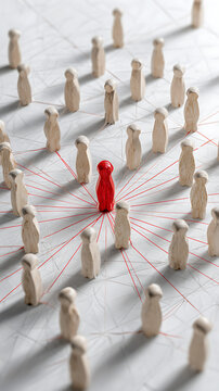 A single red peg person standing out in a crowd of wooden peg figures representing connection and social network.