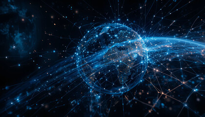 Fototapete - Visual representation of the Earth surrounded by a web of interconnected nodes and lines, illustrating global data transfer and technological advancement