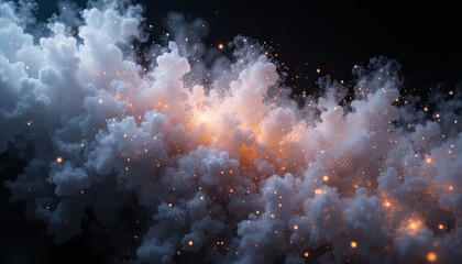 Poster - A dynamic swirling mass of clouds is illuminated by shimmering fragments of light, creating a captivating visual effect. The interplay of dark and bright tones adds depth to the scene