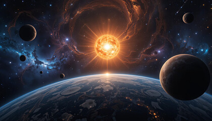Wall Mural - a stunning cosmic vista reveals a radiant sun illuminating a distant planet. various planets and neb