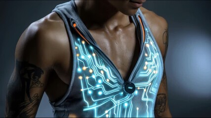Poster - Sportswear with digital glowing patterns and tattoos on the body