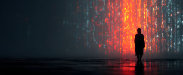 Poster - The silhouette of a person against a vibrant digital data background.