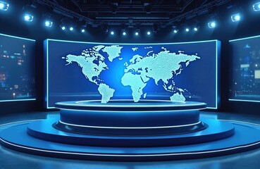 Aufkleber - Modern news studio set featuring world map on large screen. Blue, dark blue color palette with futuristic lighting. Circular stage podium for presenters. Digital broadcast background for global