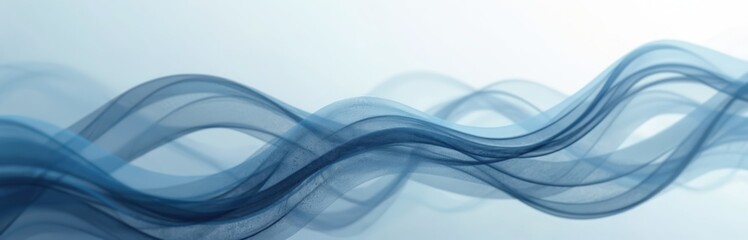 Poster - Abstract flowing lines in soft blue and grey tones symbolize connection and fluidity. This clean, minimalistic wide background illustration features smooth, wavy patterns reminiscent of silk or smoke.