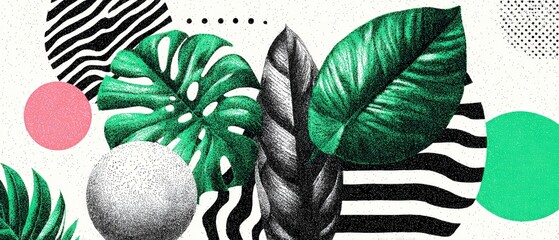 Poster - Tropical leaves and geometric shapes in a modern botanical illustration with a stippling texture Concept of nature, design, and abstract art