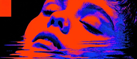 Poster - Abstract portrait of a young adult woman with vibrant orange and blue halftone pattern, surreal and dreamlike Concept of digital art, glitch effect, and modern aesthetic