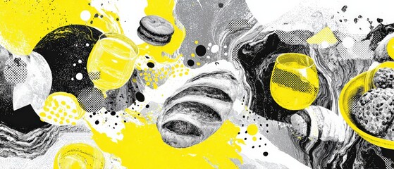 Poster - Abstract food illustration with bread, glass, and dessert in yellow and gray tones Modern art concept of bakery, drink, and sweets with artistic design elements
