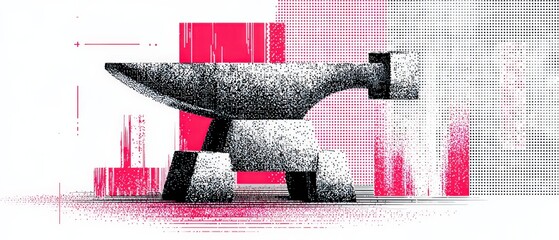 Poster - Abstract Anvil Illustration with Geometric Shapes and Dotted Background in Pink and Black Concept of Industry, Blacksmithing, and Graphic Design