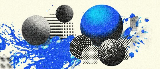 Poster - Abstract geometric background with blue splash, halftone spheres and textured shapes Modern art concept with dynamic composition and retro design elements