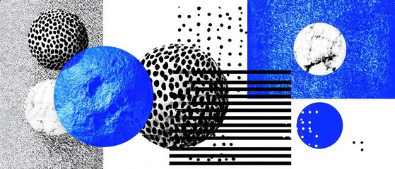 Poster - Abstract geometric background with blue sphere and dotted pattern Modern art concept with circles, lines, and textures in a contemporary design