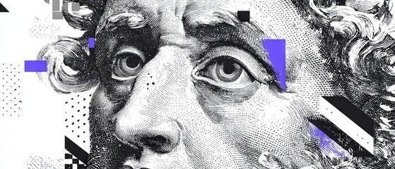Poster - Engraved portrait of a man with geometric shapes in black, white and purple Concept of art, design, and modern interpretation of classic sculpture