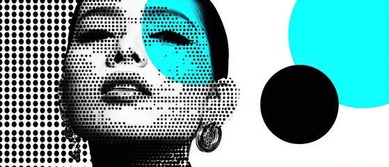 Poster - Artistic portrait of a stylish woman with halftone pattern and geometric shapes in black, white, and turquoise Concept of modern art, fashion, and creative design