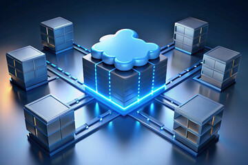 Fototapete - Data center with rows of servers and a glowing blue cloud symbol representing cloud computing tech