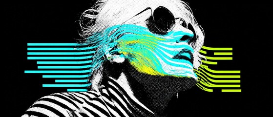 Poster - Stylish adult woman with sunglasses in halftone portrait with vibrant graphic elements Concept of fashion, art, and modern design