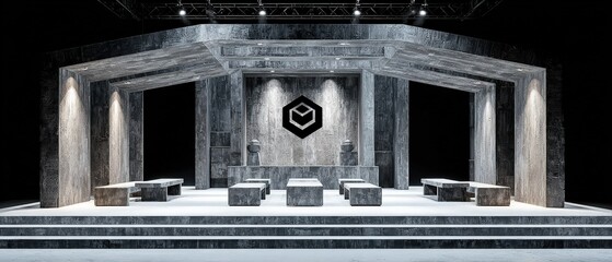 Wall Mural - modern concrete stage design with geometric logo and spotlight illumination for presentation or perf
