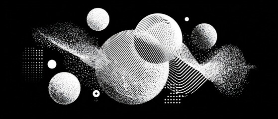 Poster - Abstract Black and White Spheres with Halftone Pattern and Geometric Shapes in Dynamic Composition for Modern Background