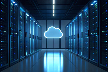 Fototapete - A server room with rows of servers and a glowing cloud symbol in the center of the hallway view