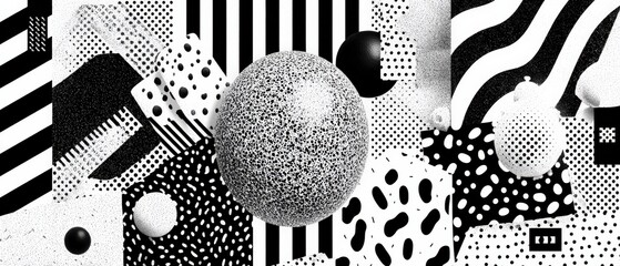 Poster - Abstract black and white geometric pattern with spheres and dots in a modern, contemporary design for backgrounds and wallpapers