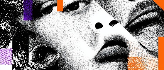 Poster - Abstract closeup of a womans face with halftone pattern and geometric shapes in purple and orange Concept of modern art, design, and creative expression