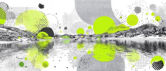 Poster - Abstract Landscape with Lake Reflection and Neon Green Accents in a Modern Dotted Halftone Style Concept of Nature, Art, and Graphic Design