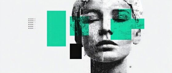 Sticker - abstract halftone portrait of a woman with geometric shapes in green and black conceptual art with m