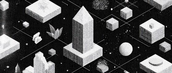 Poster - Isometric black and white abstract cityscape with geometric shapes and plant life Conceptual illustration of architecture, design, and modern art