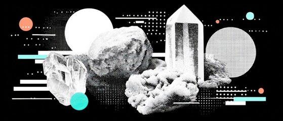 Poster - Abstract monochrome crystal cluster with geometric shapes in a modern art style Concept of geology, mineralogy, and contemporary design with a retro halftone pattern