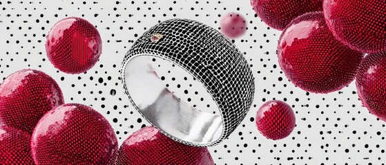 Poster - Modern silver ring with black pattern and red spheres floating on dotted background Concept of jewelry, fashion, luxury, and abstract art